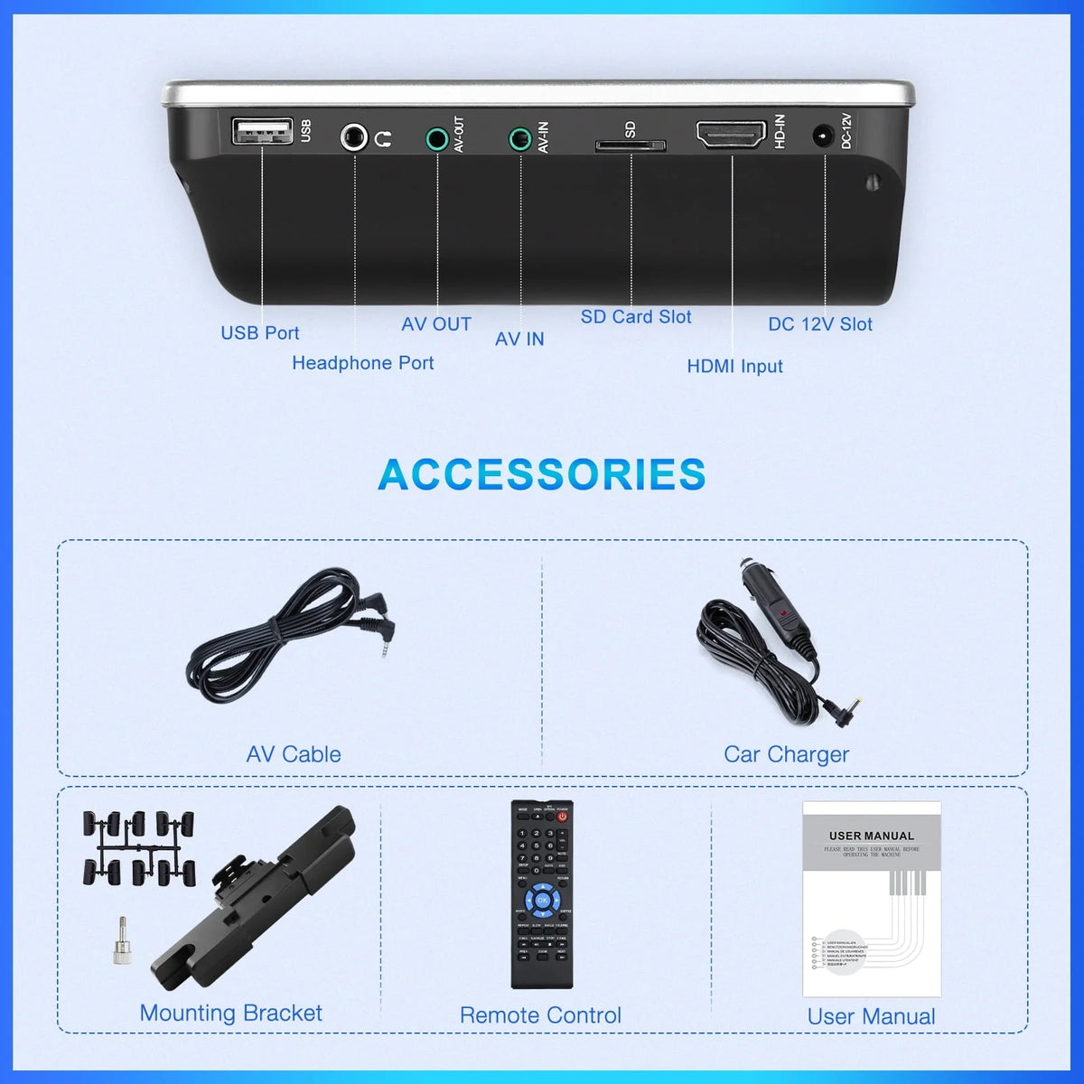 NAVISKAUTO 10.1" Portable DVD Player for Car with Headrest Mount Bracket HDMI Input Region Free Last Memory