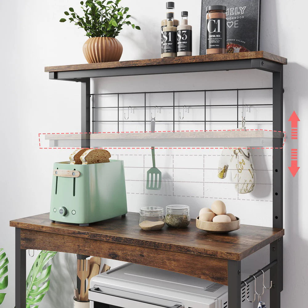 Bestier 3-Tier Baker's Rack with Cabinet, Kitchen Storage Shelves, Microwave Oven Stand, Coffee Bar with Hooks in Rustic