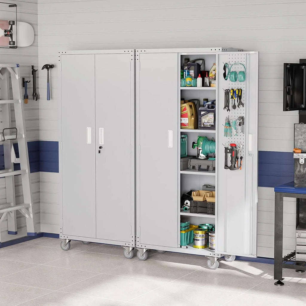 Ktaxon 72''H Garage Storage Cabinet with Pegboards, Metal Storage Cabinet with Wheels, Locking Doors and Adjustable Shelves, Black