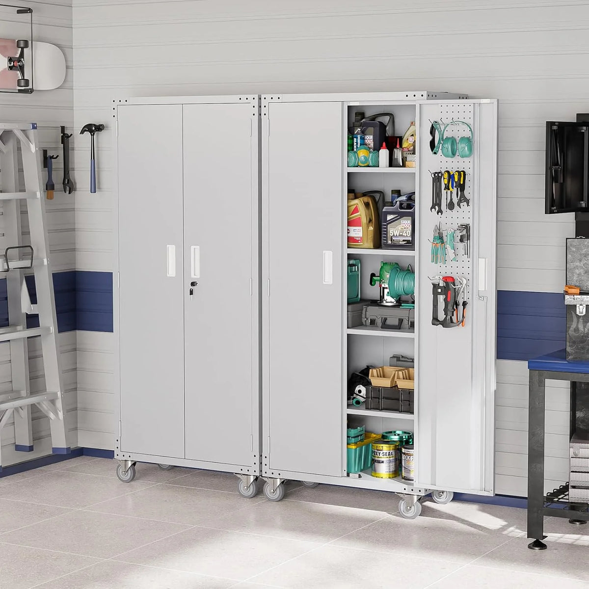 Ktaxon 72''H Garage Storage Cabinet with Pegboards, Metal Storage Cabinet with Wheels, Locking Doors and Adjustable Shelves, Black