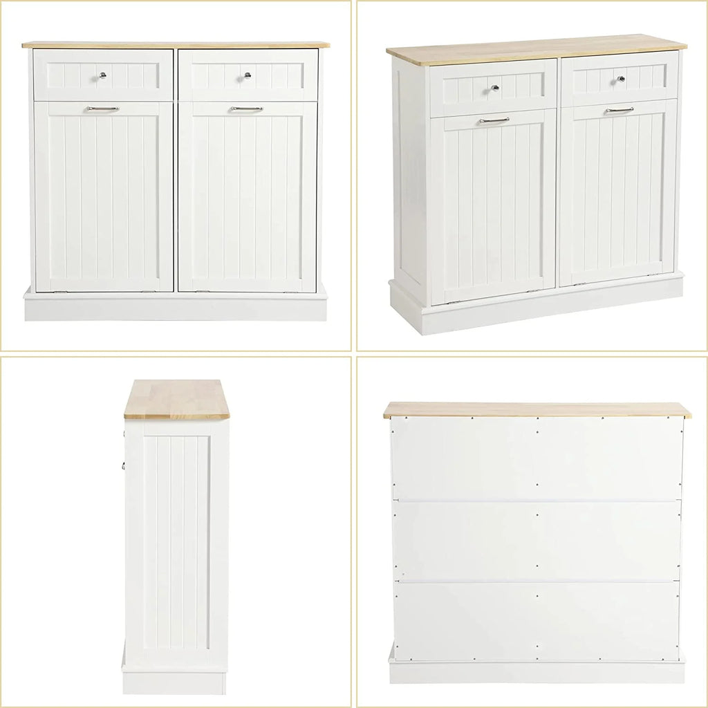 KIGOTY Dual Kitchen Trash Cabinet, Double Tilt Out Trash Can Cabinet with Countertop and Drawer, Free-Standing Pet Proof Recycling Cabinet Garbage Can Holder, Wood (White)
