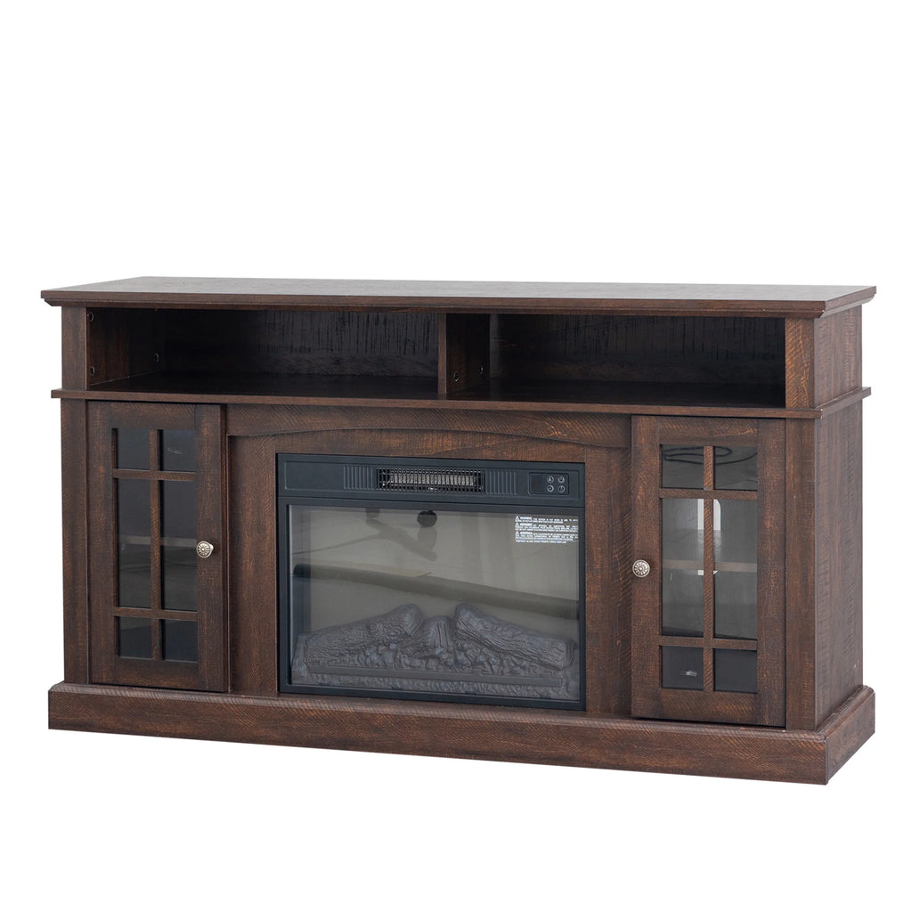 Electric Fireplace TV Stand for 65" TV, Farmhouse TV Stand for Living Room with Adjustable Shelves and Glass Doors, Media Console with Wireless Remote Control Virtual Flame Fireplace, Gray