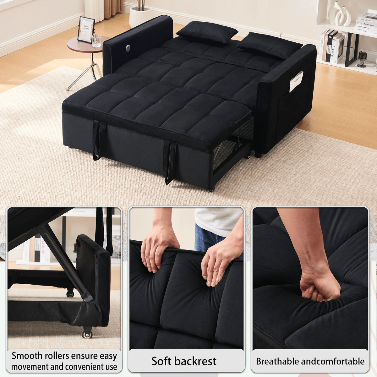 BINBANK Black Velvet 3-in-1 Convertible Sleeper Sofa Bed a?? USB Charging, Adjustable Backrest Pull-Out Futon Loveseat Couch for Living Room, Apartment & Small Space