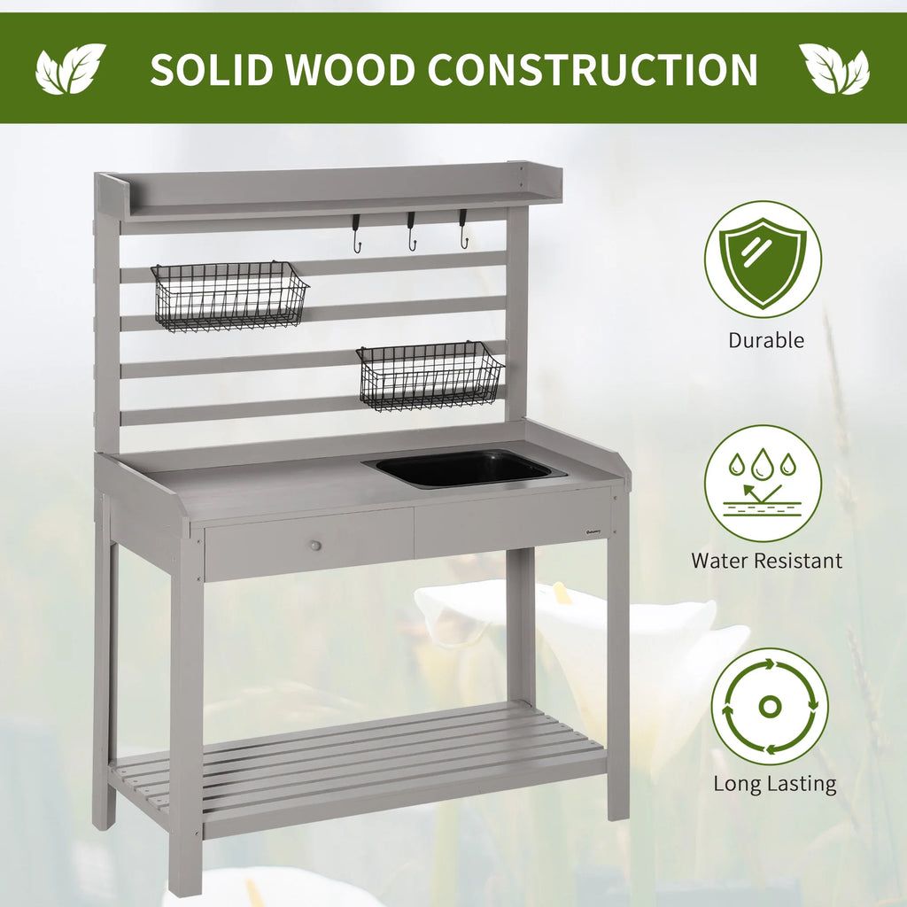 Outsunny Potting Bench Table, Garden Work Bench, Workstation with Metal Sieve Screen, Removable Sink, Additional Hooks and Baskets for Patio, Courtyards, Balcony, Natural