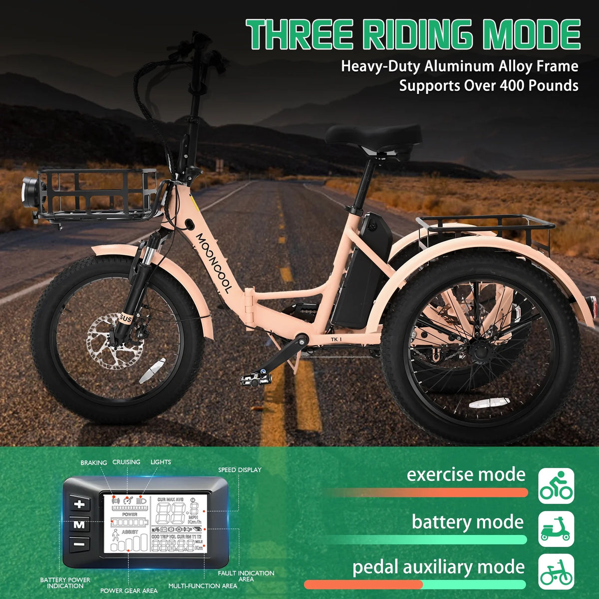 MOONCOOL TK1 Folding Electric Tricycle for Adults,48V 14.5Ah Removable battery, 500W（Peak 1000w）Motor, 20" Fat Tire Step-Thru 3Wheel Electric Bicycle w/Front&Rear Baskets, Certified to UL 2849 by SGS