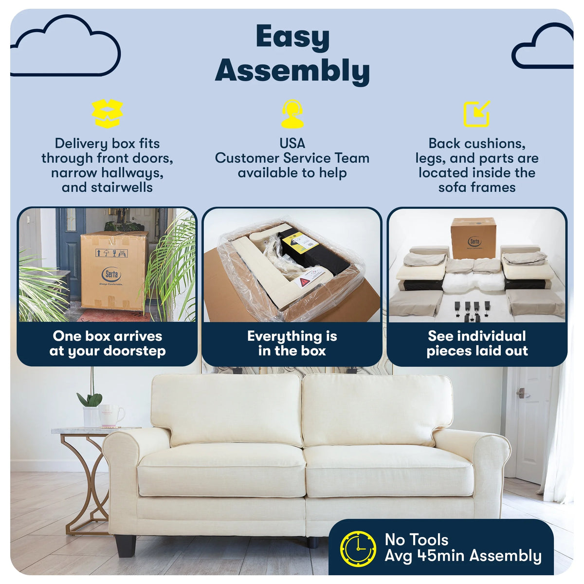 Serta Copenhagen 73" Rolled Arm Sofa with Removable Covers Light Gray