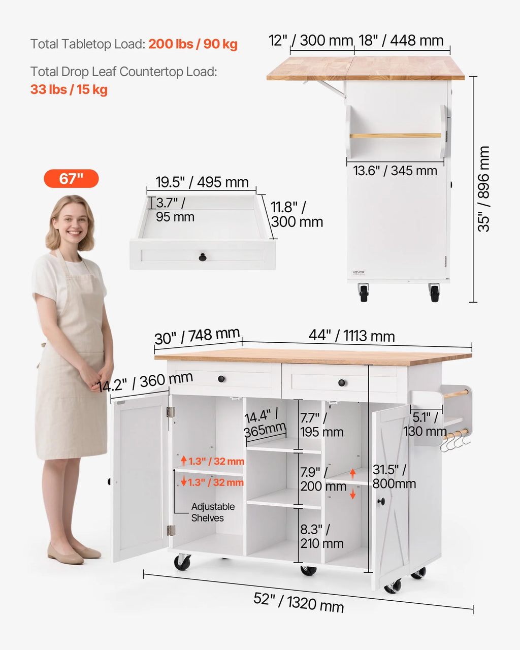 VEVOR Kitchen Island Cart, with Solid Wood Top and Storage Cabinet, Mobile Rolling Table with Drop Leaf,Drawers, Spice Towel Rack,Portable Islands on Swivel Wheels for Dining Room,52in Width,White