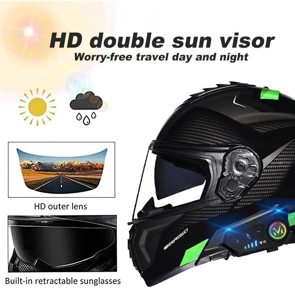 Bluetooth Modular Motorcycle Helmets with Tail Lights, DOT Approved Flip Up Full Face Dual Visor Motorcycle Helmet, with Dual Speakers and Microphone HA