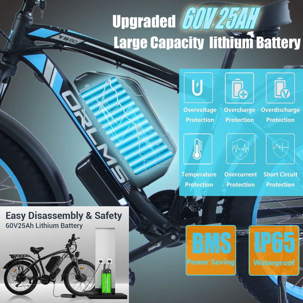 60V 25AH Battery Electric Bike for Adults,5000W Peak Dual Motor Ebike,AWD 21-Speed 50MPH Mountain Snow E-Bike with 26" x 4.0 Fat Tire, Long Range Mountain Dirt Bike for Off-Road Snow Sand