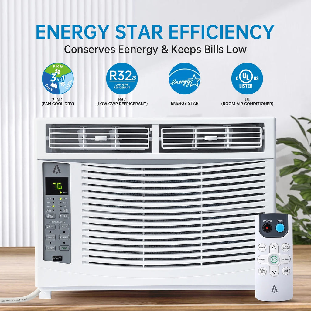 Window AC Unit 6000 BTU, Efficient Cooling Window Air Conditioner with Remote and App Control, Window-Mounted Room Air Conditioner for Rooms up to 250 Sq.ft, 3 Fan Speeds, Easy Install Kits