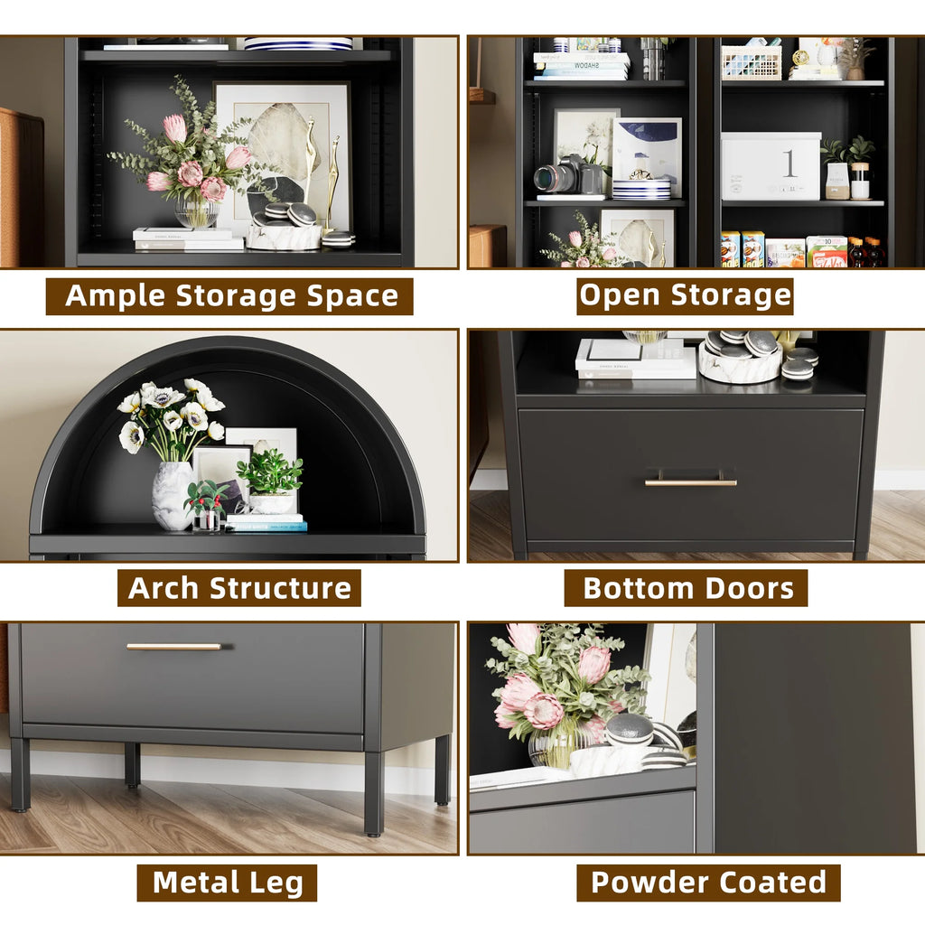 SUPEER Metal Arched Storage Display Cabinet with Glass Doors and Adjustable Shelves, Lockable Cabinet, Assembly Required, Black
