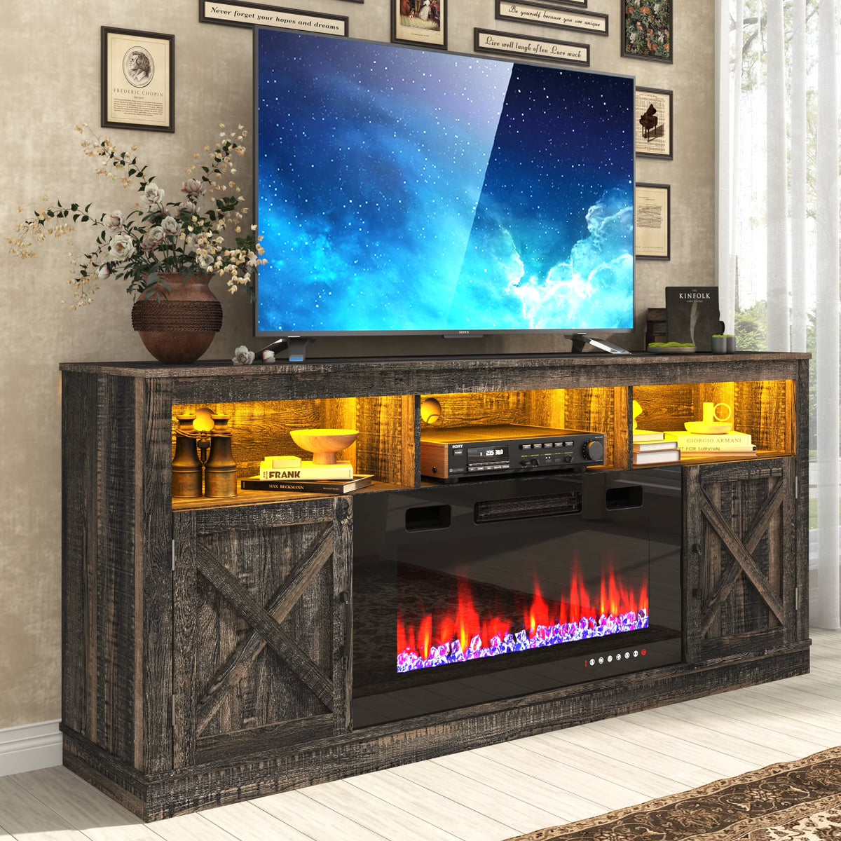 ChVans 70" Fireplace TV Stand for TVs up to 80" with 36" Electric Fireplace, Farmhouse Entertainment Center with LED, Wooden Media Console for Living Room, Bedroom