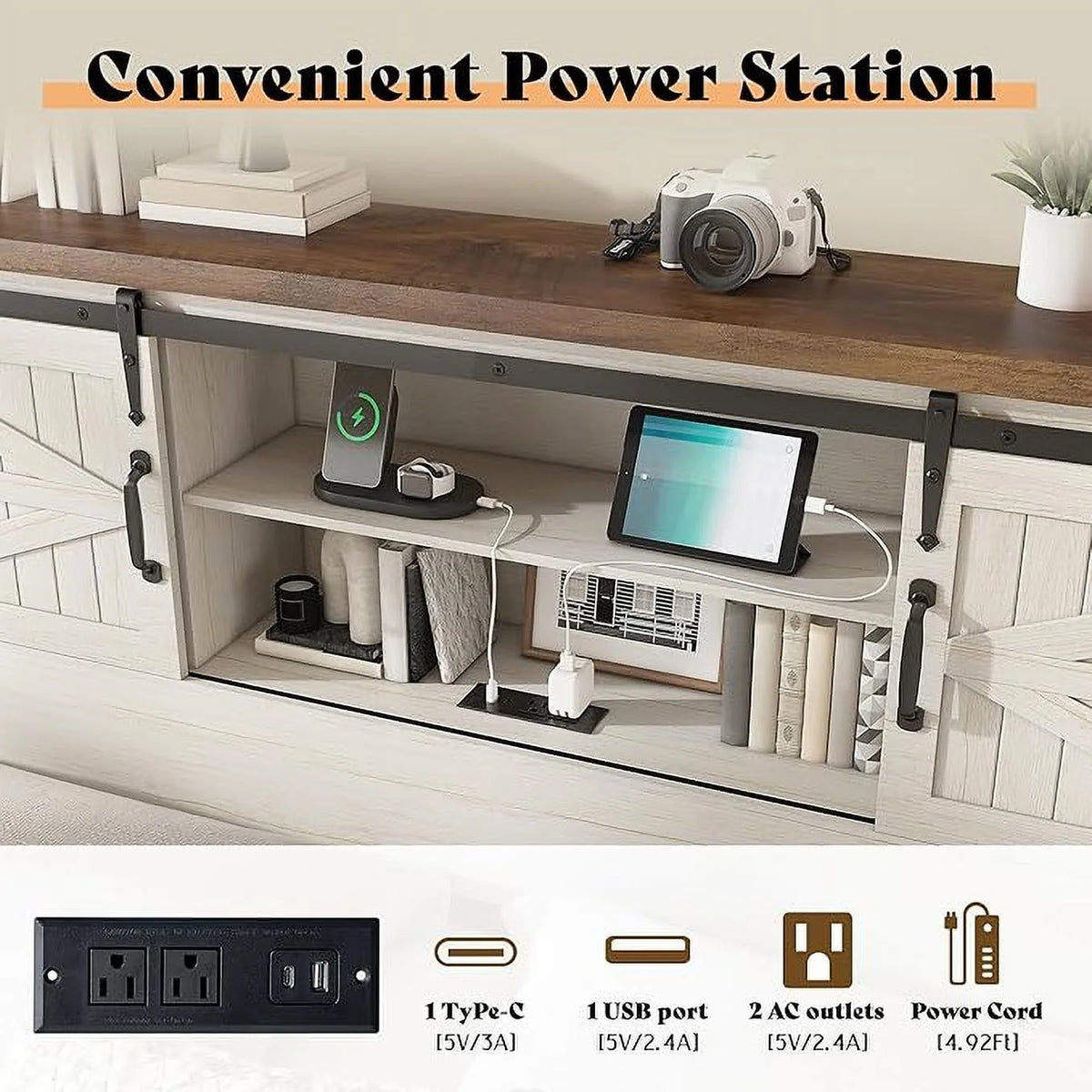 Merluxy Farmhouse Full Bed Frame with Storage Bookcase & Charging Station, Bedroom Furniture, Grey