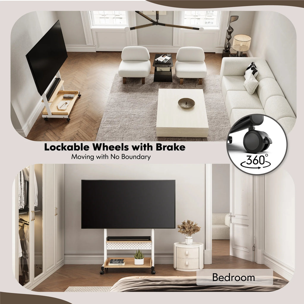 FITUEYES Rolling TV Stand with Wheels for 40-85 inch TVs, Height Adjustable Mobile TV Stand TV cart with Wooden Large Storage,White
