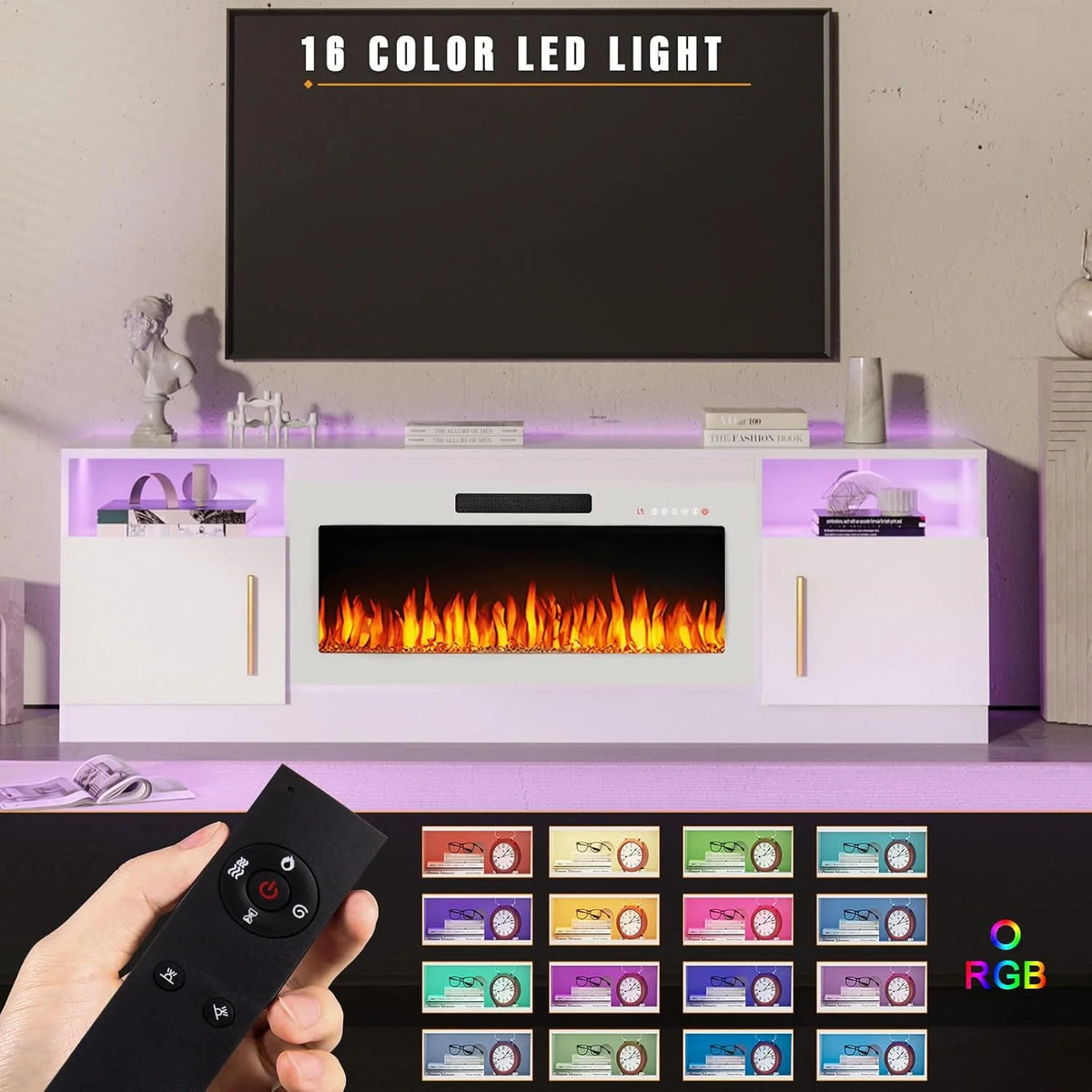 Waleaf Fireplace TV Stand with 18'' Fireplace for TVs up to 65 inch, Two Adjustable Glass Shelves