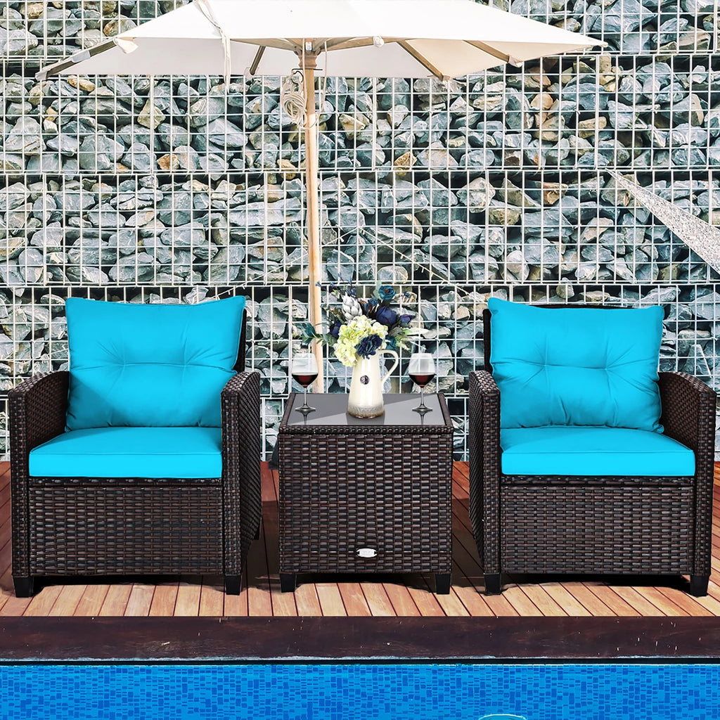 Costway 3PCS Patio Rattan Furniture Set Cushioned Conversation Set Sofa Turquoise