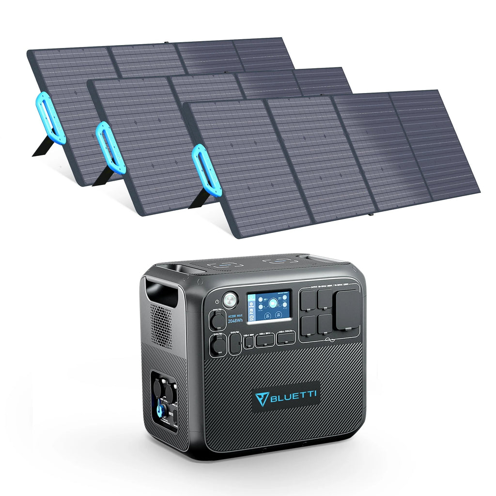 Bluetti Portable Solar Generator With 3 PV200 200W Solar Panels Included, AC200MAX 2048Wh Power Station, LiFePO4 Battery Pack Expandable to 8192Wh for Home Use,Trip,Emergency