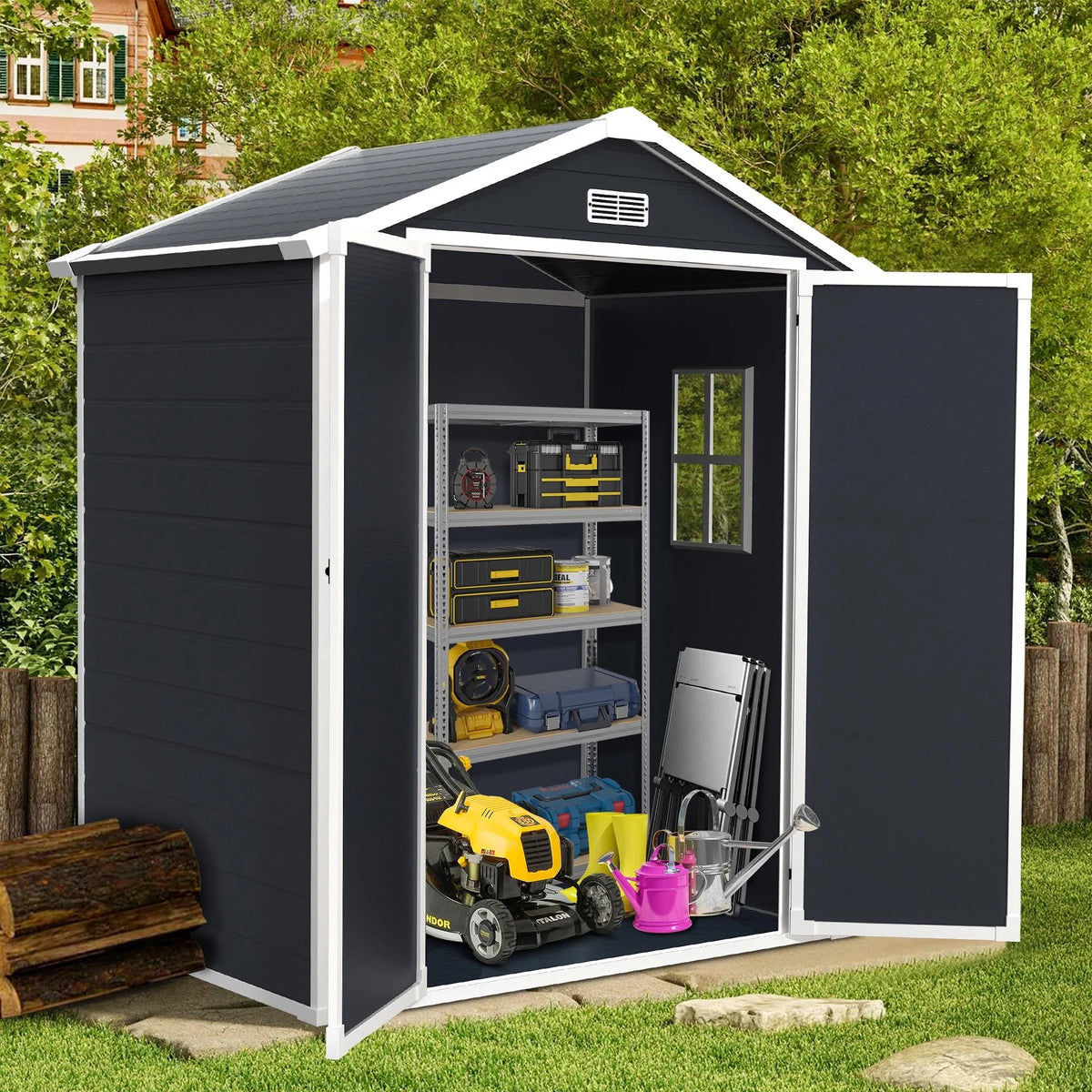 Syngar Outdoor Storage Shed with Lockable Doors, Dark Gray