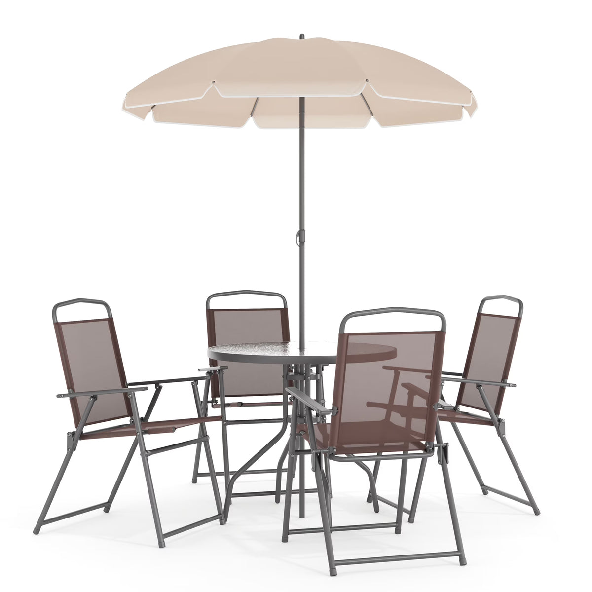 Flash Furniture Nantucket 6 Piece Black Patio Garden Set with Umbrella Table and Set of 4 Folding Chairs