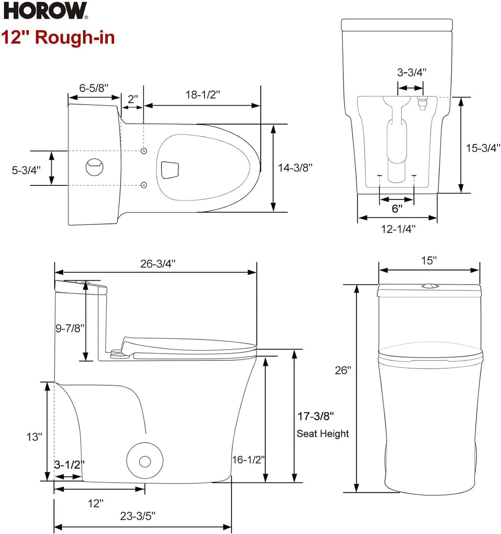 HOROW Compact One Piece Toilet with Comfort Seat ADA Height 17.3" Elongated Dual Flush 0.8/1.28 GPF
