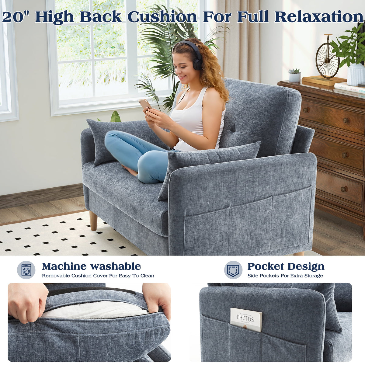 BedLuxury 47'' Wide LoveSeat, 2-seat Chenille sofa with 2 Pillows for Living Room and Small Spaces, Dark Grey