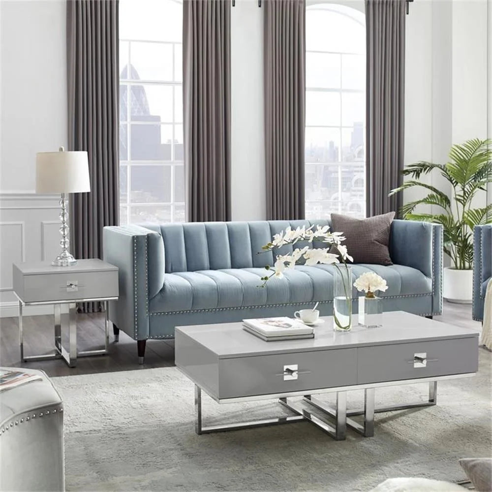 Posh Living Mano 2-Drawers Stainless Steel Base Coffee Table - Light Gray/Chrome