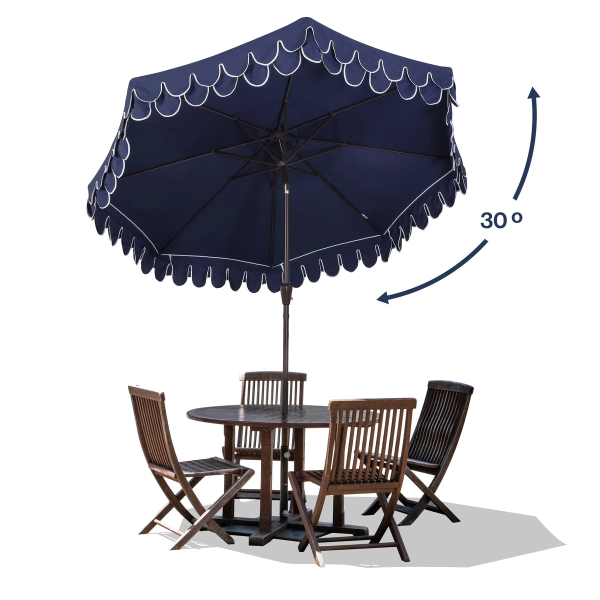 JONATHAN Y Tracy 9 ft. Market Patio Umbrella, Classic Mid-Century Scalloped Fringe, with Auto-Tilt Crank, Wind Vent and UV Protection, Coral Pink/White, Dark Brown Pole