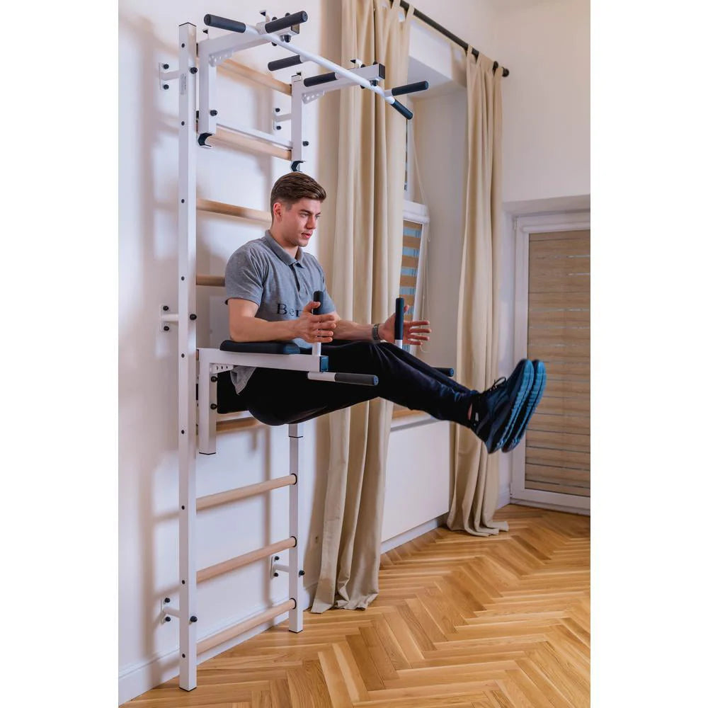 BenchK 733 White Wall bars with convertible steel 6-grip pull-up bar that can also be used as a barbell holder, dip bar with back support and advanced workout bench
