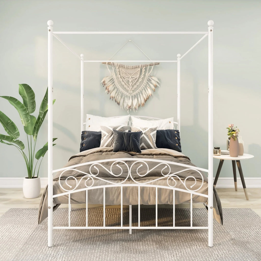 Canopy Bed Frame Full with Headboard and Footboard, White Canopy Bed with Center Support Legs, 4 Poster Bed Frame Platform Bed Frame, Easy to Assemble