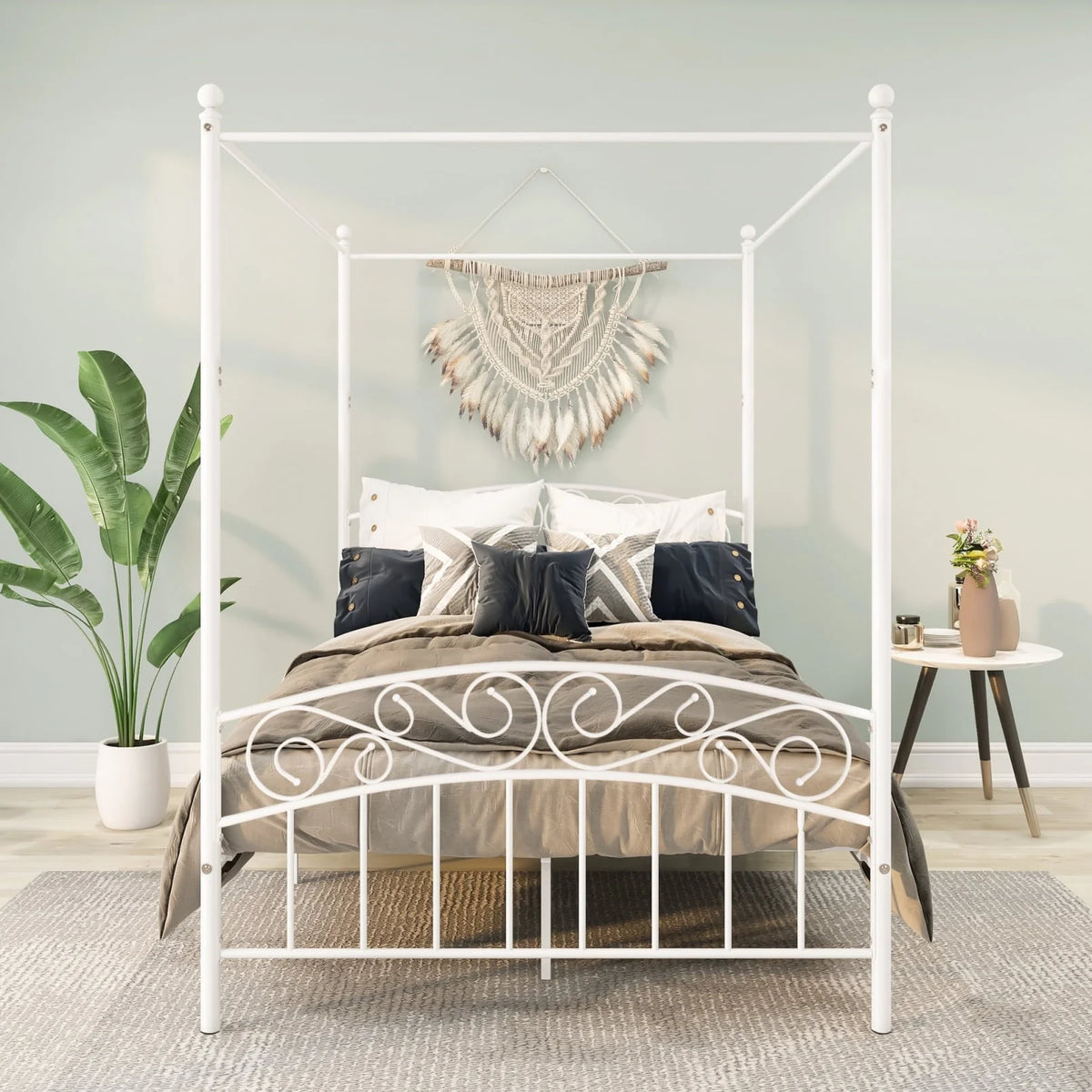 Canopy Bed Frame Full with Headboard and Footboard, White Canopy Bed with Center Support Legs, 4 Poster Bed Frame Platform Bed Frame, Easy to Assemble