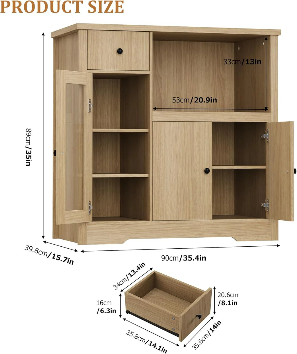 Kitchen Microwave Cabinet with Storage,Buffet Sideboard with 3 Doors, 1 Drawer & Adjustable Shelves, Pantry Storage Cabinet, White