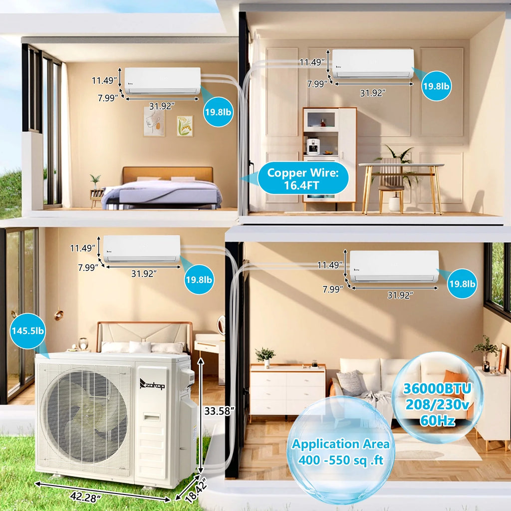 Ktaxon 2 Zone 9000 + 9000 BTU WIFI Mini Split AC/Heating System, 19 SEER2 Dual Zone 18000 BTU Ductless Split Air Conditioner with Pre-Charged Condenser, Heat Pump & 25Ft Installation Kit, 208-230V