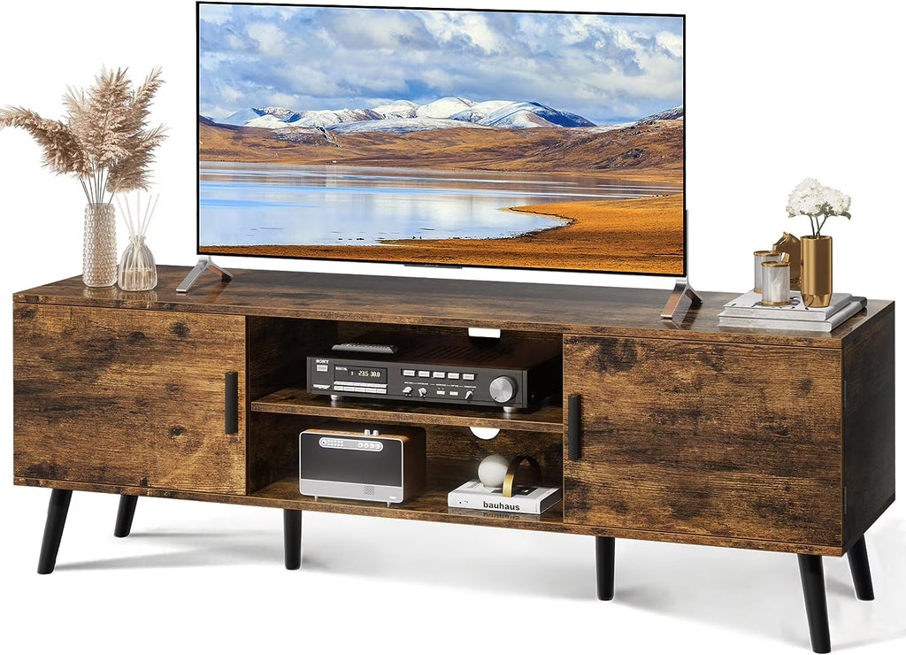 LL TV Stand for 55 Inch TV, Entertainment Center with Adjustable Shelf, 2 Cabinets, TV Console Table, Media Console, Solid Wood Feet, Cord Holes, for Living Room, Bedroom, White