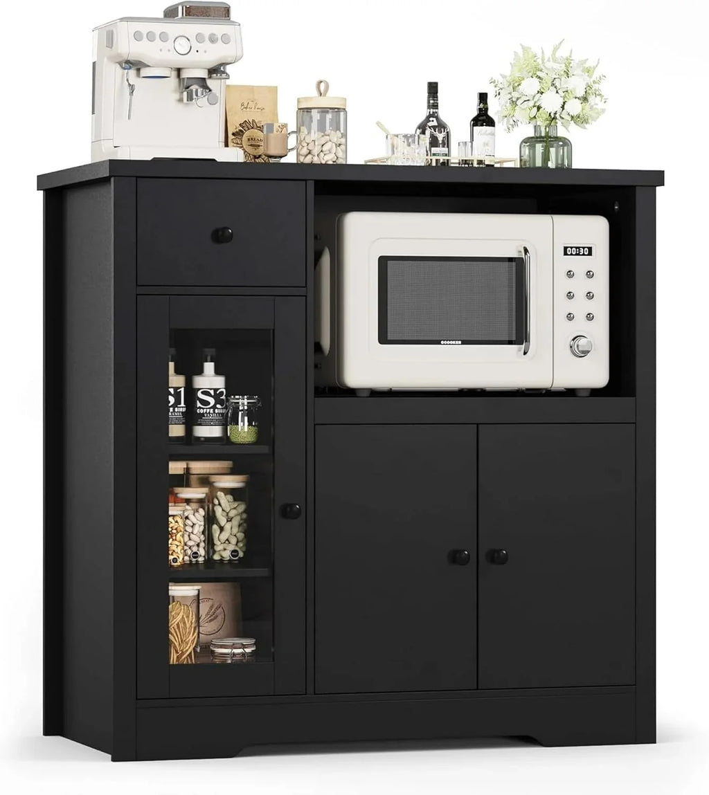Kitchen Microwave Cabinet with Storage,Buffet Sideboard with 3 Doors, 1 Drawer & Adjustable Shelves, Pantry Storage Cabinet, White