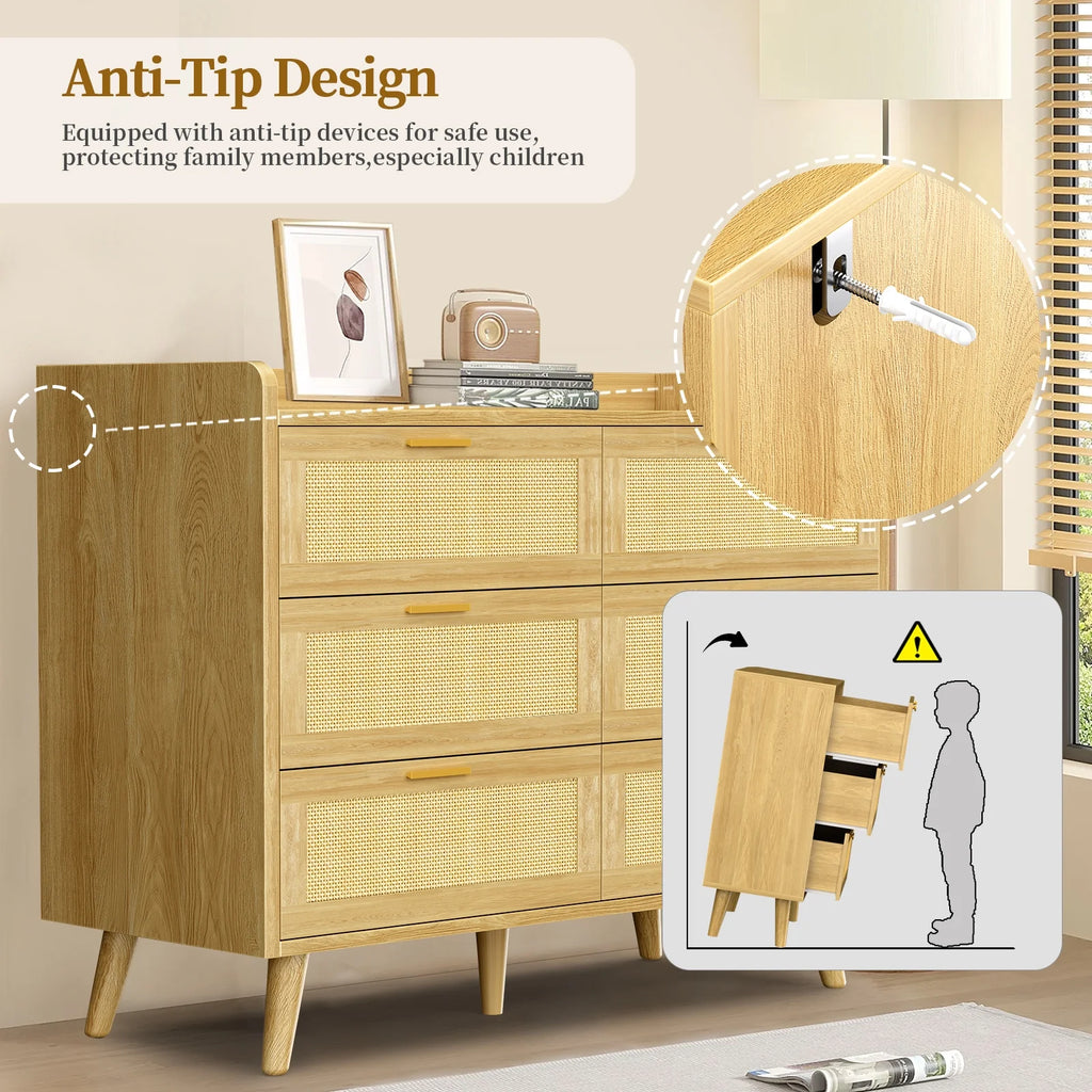 Capri 3 Drawer Dresser, Rattan Storage Wide Chest of Drawers, Night Stand Storage Cabinet for Women, Kids, Baby, Nursery, Girls, Bedroom Living Room Furniture, Natural