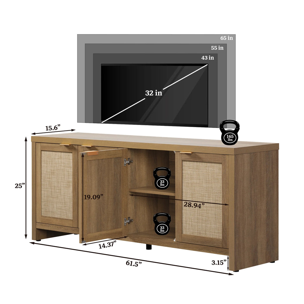 SICOTAS 61.5"W Rattan TV Stand with 4 Doors, Boho Entertainment Center with Adjustable Shelves & Spacious Countertop �C Large Boho Farmhouse Media Console for Living Room, Reclaimed Caramel Oak