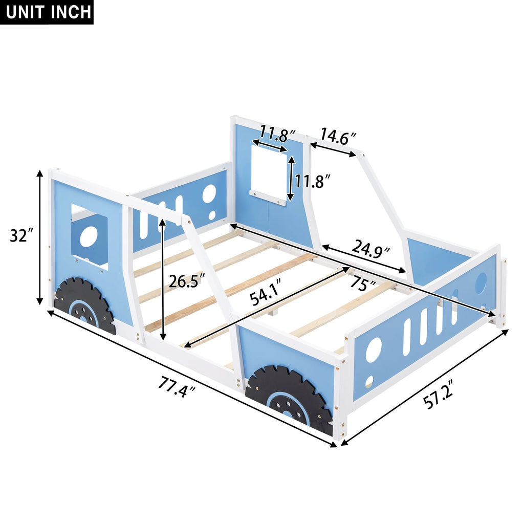 Euroco Car-Shaped Full Size Wood Platform Bed for Kids�� Bedroom, Solid Car Bed for Kids Gift, Low Profile, Blue