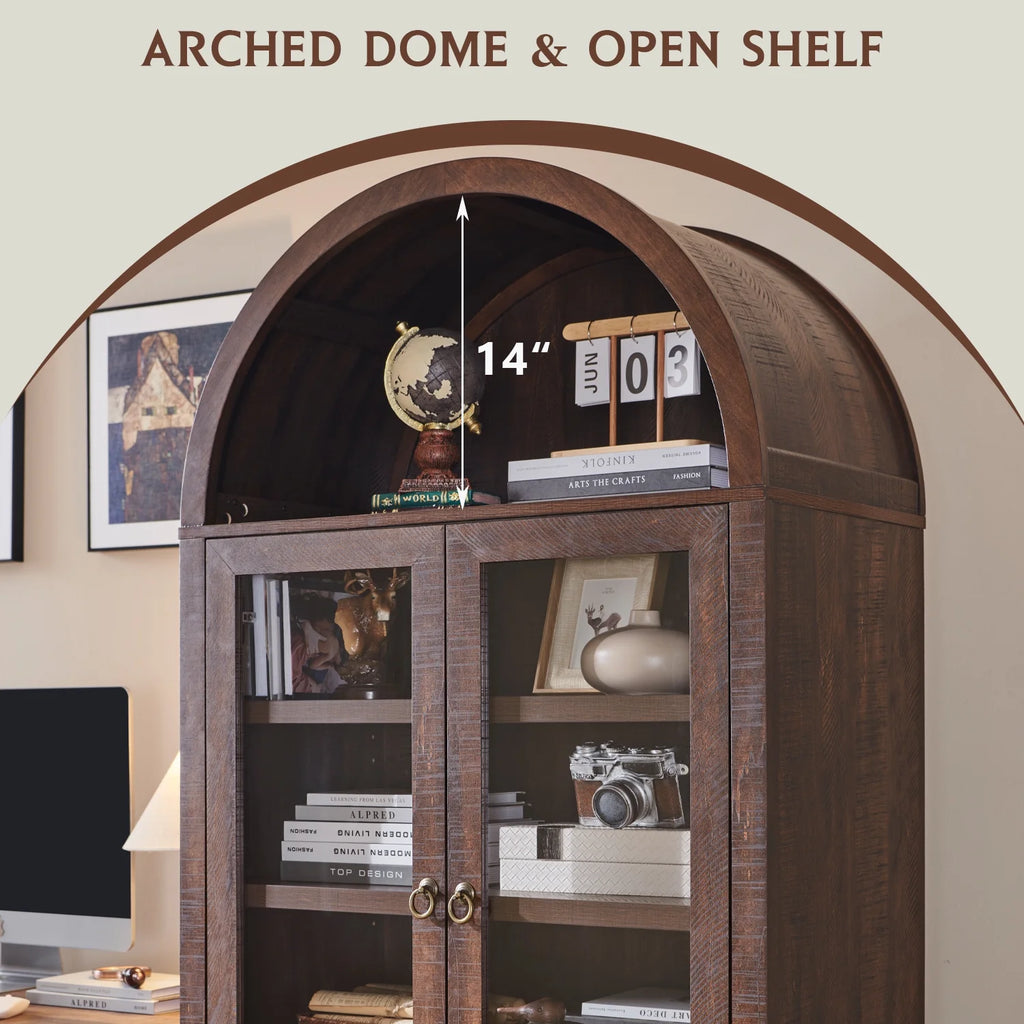 IFGET 71-Inch Arched 4-Tier Bookcase with Glass Doors and Drawers