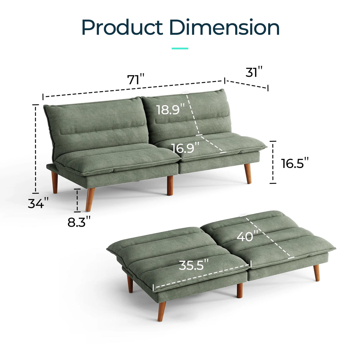 Linsy Home 71" W Corduroy Convertible Futon Sofa Bed, Army Green