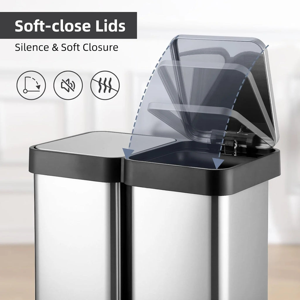 16 Gallon/ 60L Dual Kitchen Trash Can, 2x8 Gallon Stainless Steel Double Garbage Can with Inner Bucket, Two Compartment Step Recycle Bin with Soft-Close Lid for Kitchen, Office