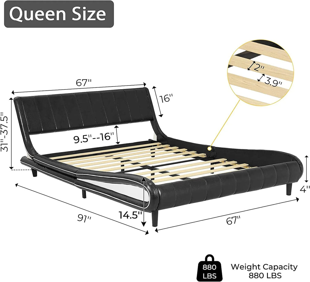 Queen Size Bed Frame with LED Lights,Modern Platform Bed Frame with Upholstered Headboard,Faux Leather Wave Like Low Profile Bed Frame,No Box Spring Needed,Black