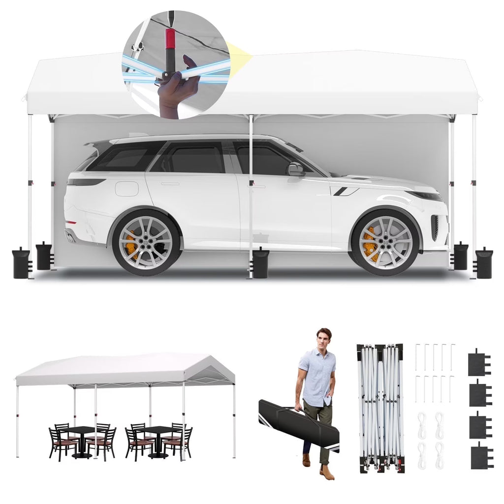 Hoteel Carport Canopy 10x20 Pop Up Shelter with Instant 1-Button Push Center Lock, UV Resistant All-Weather Cover with 2 Sidewalls, Heavy Duty Waterproof Canopy Tent for Cars, Trucks, Boats, White