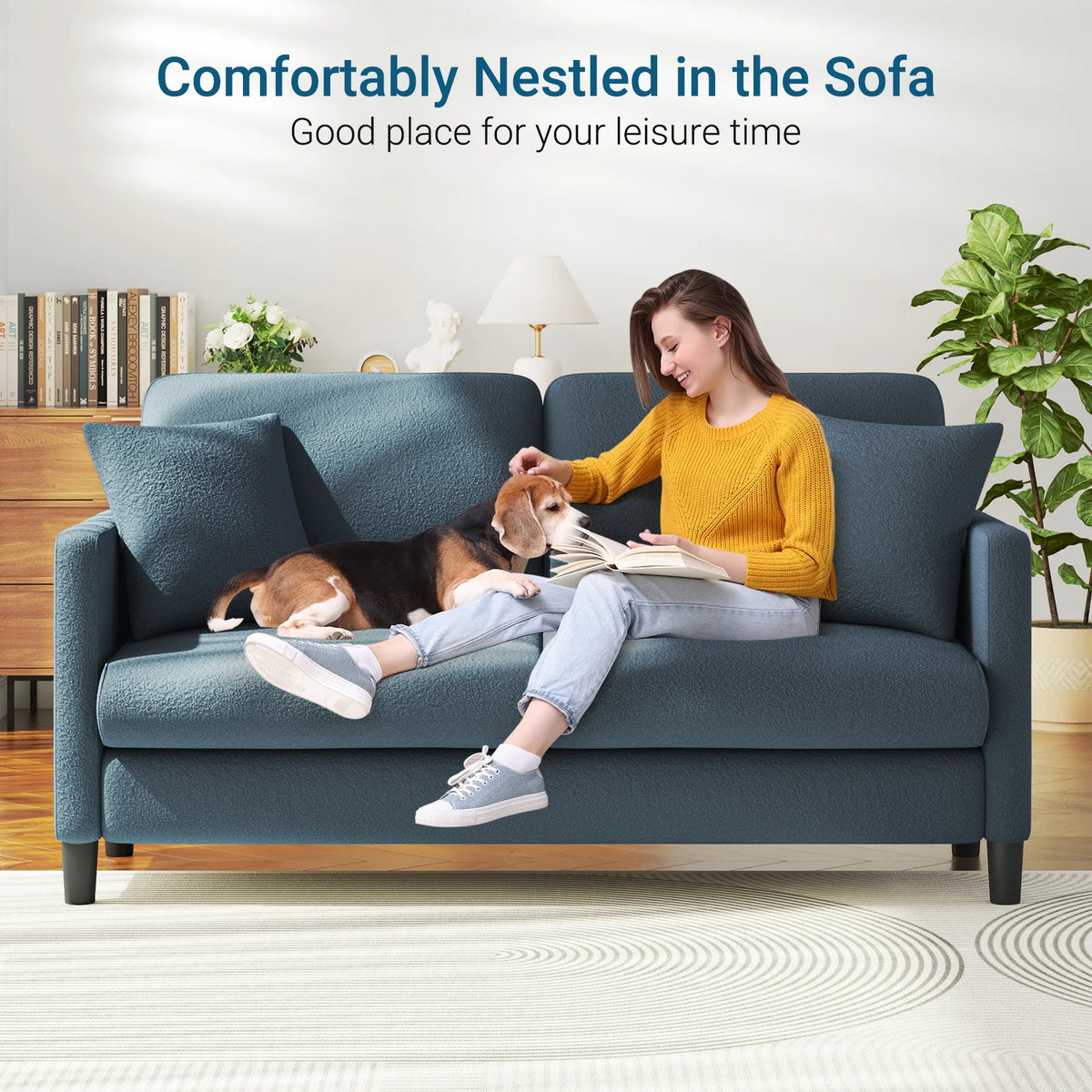 Loveseat Sofa,65" Comfy Teddy Fleece Love Seat Couch,Neche Extra Deep Seats Sofas,Tool-Free Setup Couch with 2 Pillows for Living Room,Coffee Brown
