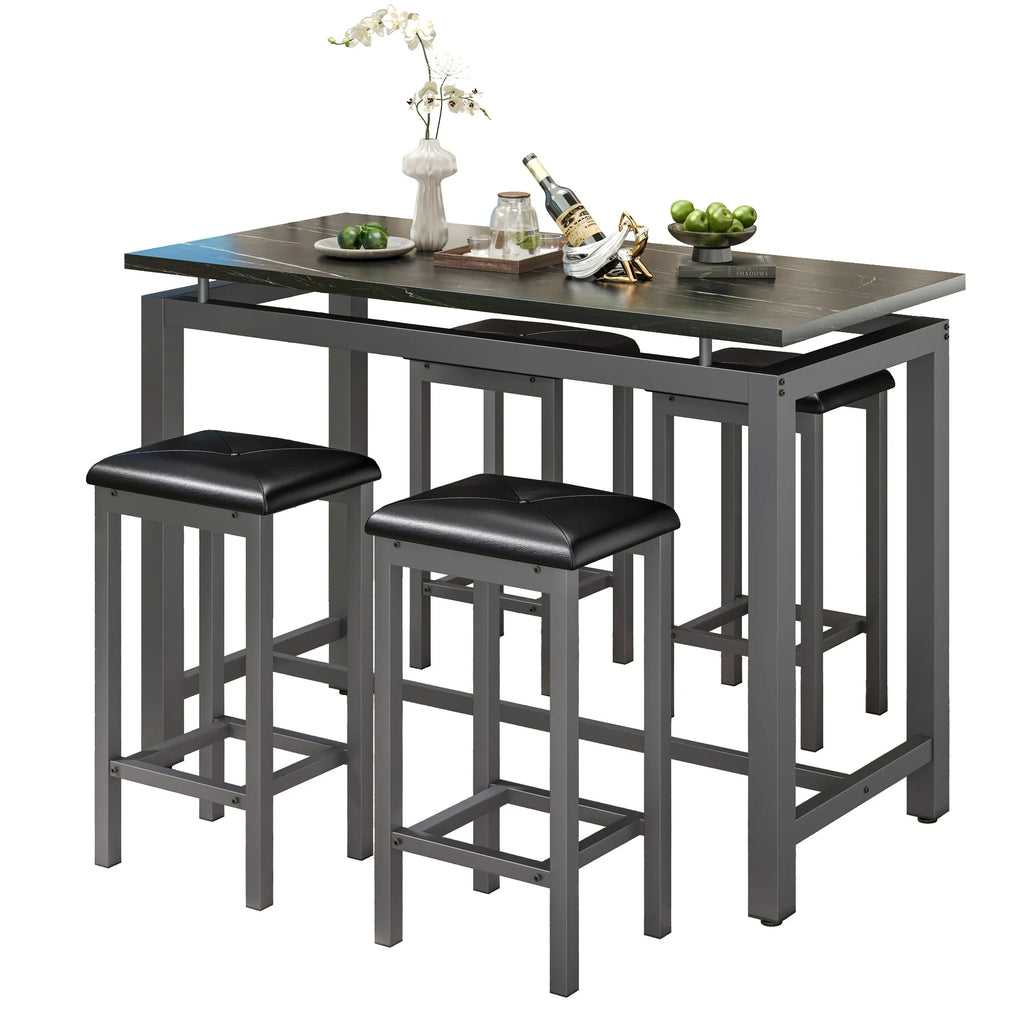 5 Piece Dining Set, Modern Dining Table and Chairs Set for 4, Counter Height Bar Table Set, Modern Pub Table with 4 Velvet Fabric Cushioned Stools, Faux Marble Dining Table & Stools Set, D9297