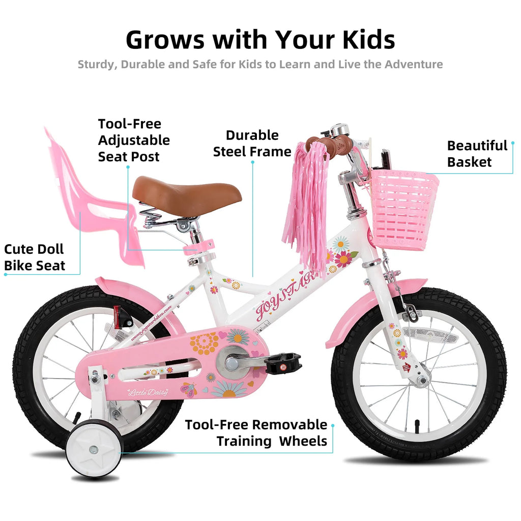 JOYSTAR Little Daisy 14 Inch Kids Bike for 3 4 5 Years Girls with Handbrake Children Princess Bicycle with Training Wheels Basket Streamer Toddler Cycle Bikes Blue