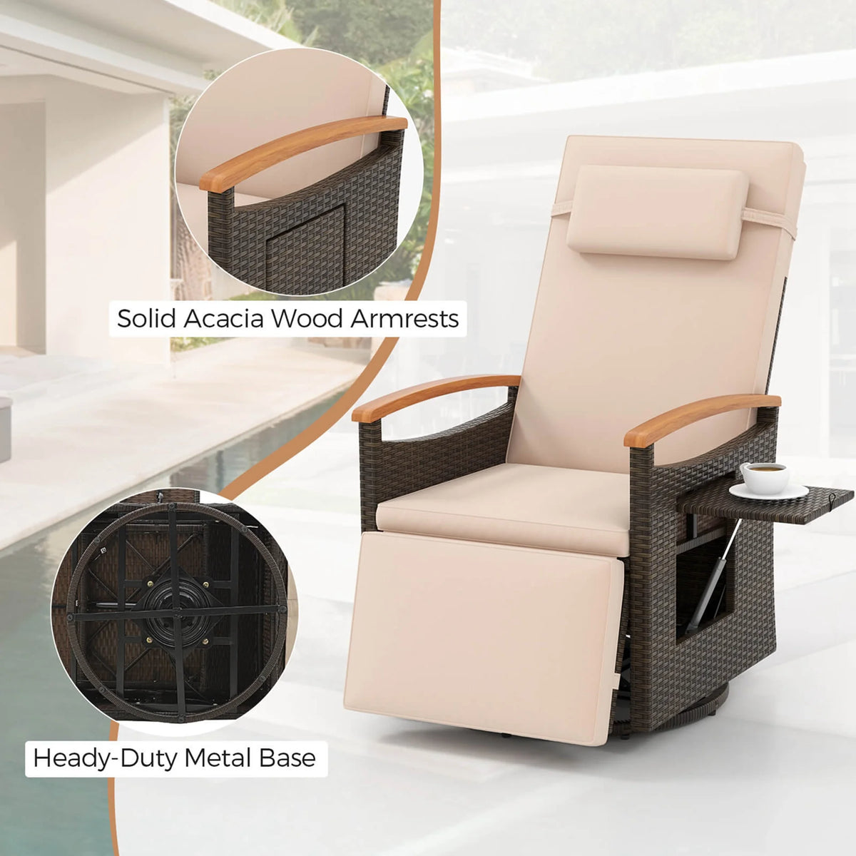 Costway Outdoor 360�� Swivel Rattan Recliner Chair Patio Wicker Chaise Lounge Chair Beige