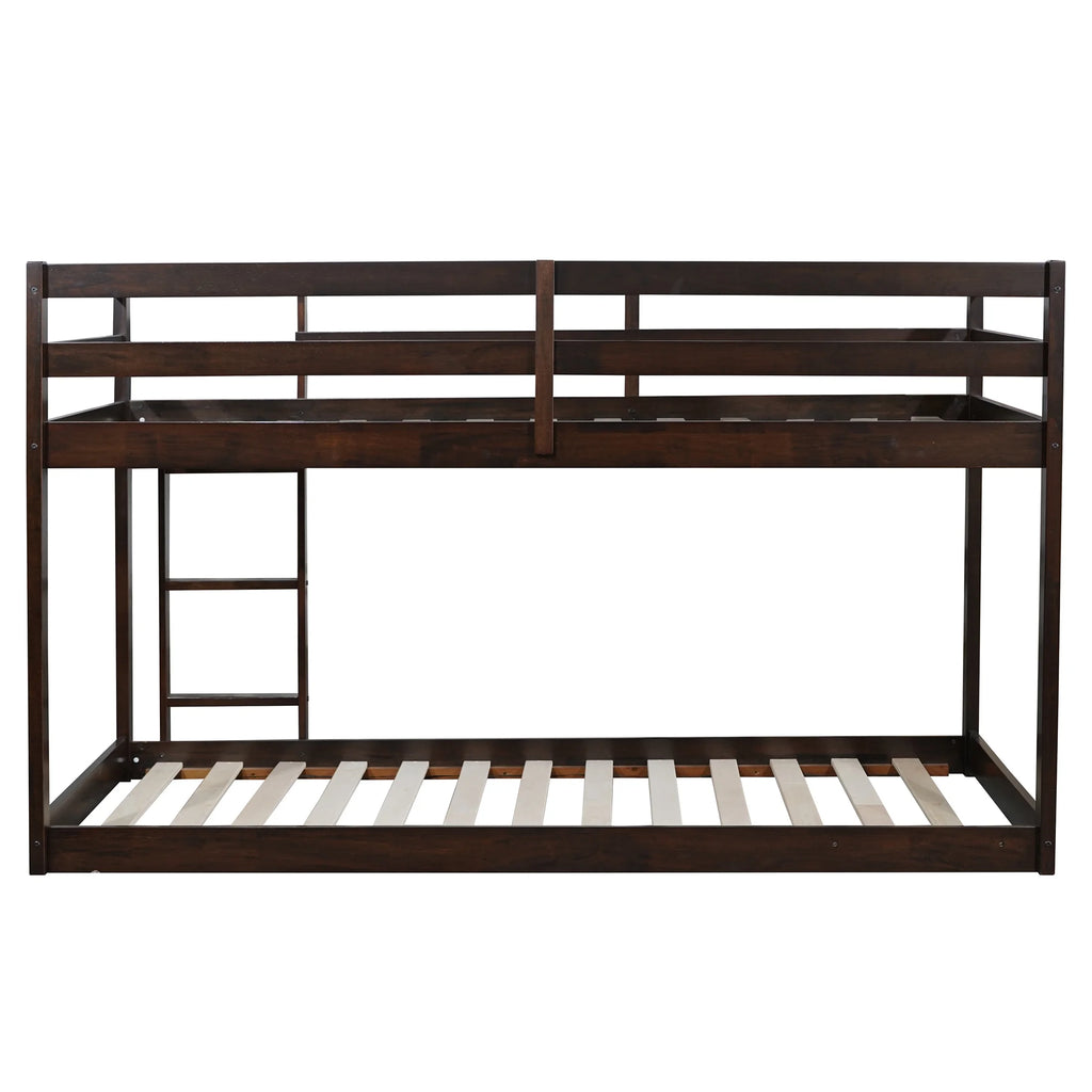 Twin Over Twin Floor Bunk Bed, UHOMEPRO Solid Wood Low Bunk Bed with Safety Rail, Ladder, Heavy Duty Bunk Beds, Space-Saving Bedroom Dorm Furniture, Gray