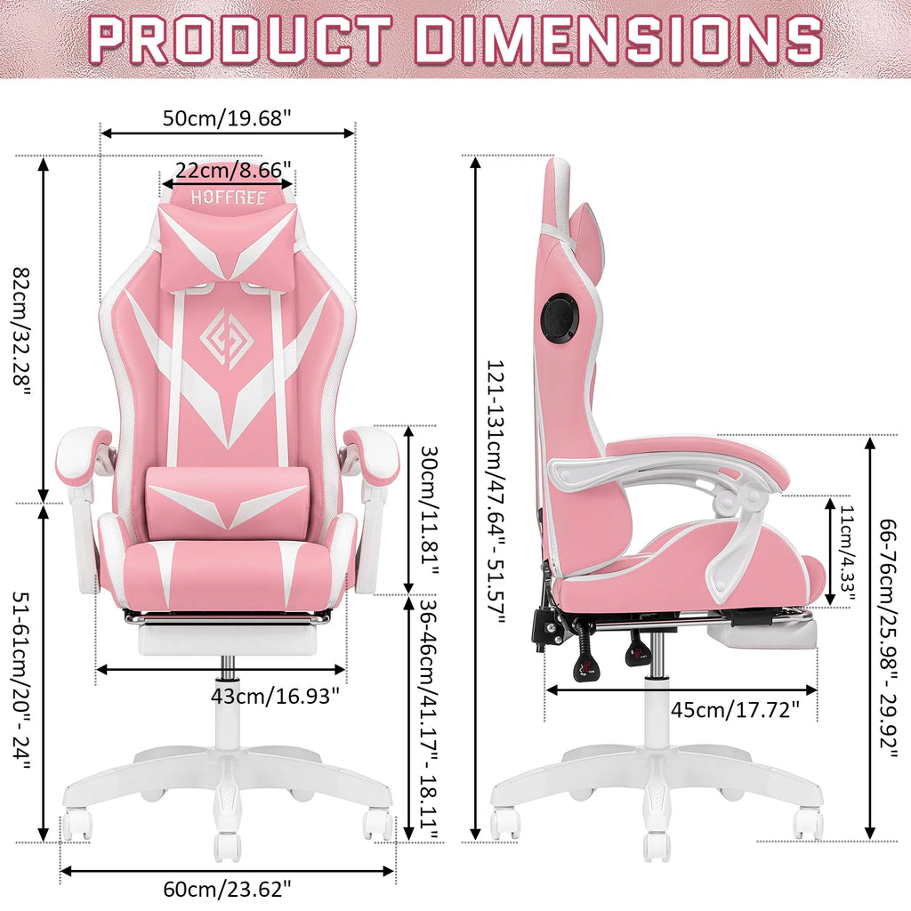 Hoffree Gaming Chair with Speakers PU Leather Office Chair with Footrest and LED Lights Ergonomic Gamer Chair with Massage Lumbar Support and Headrest Adjustable Swivel for Home Office 300lb