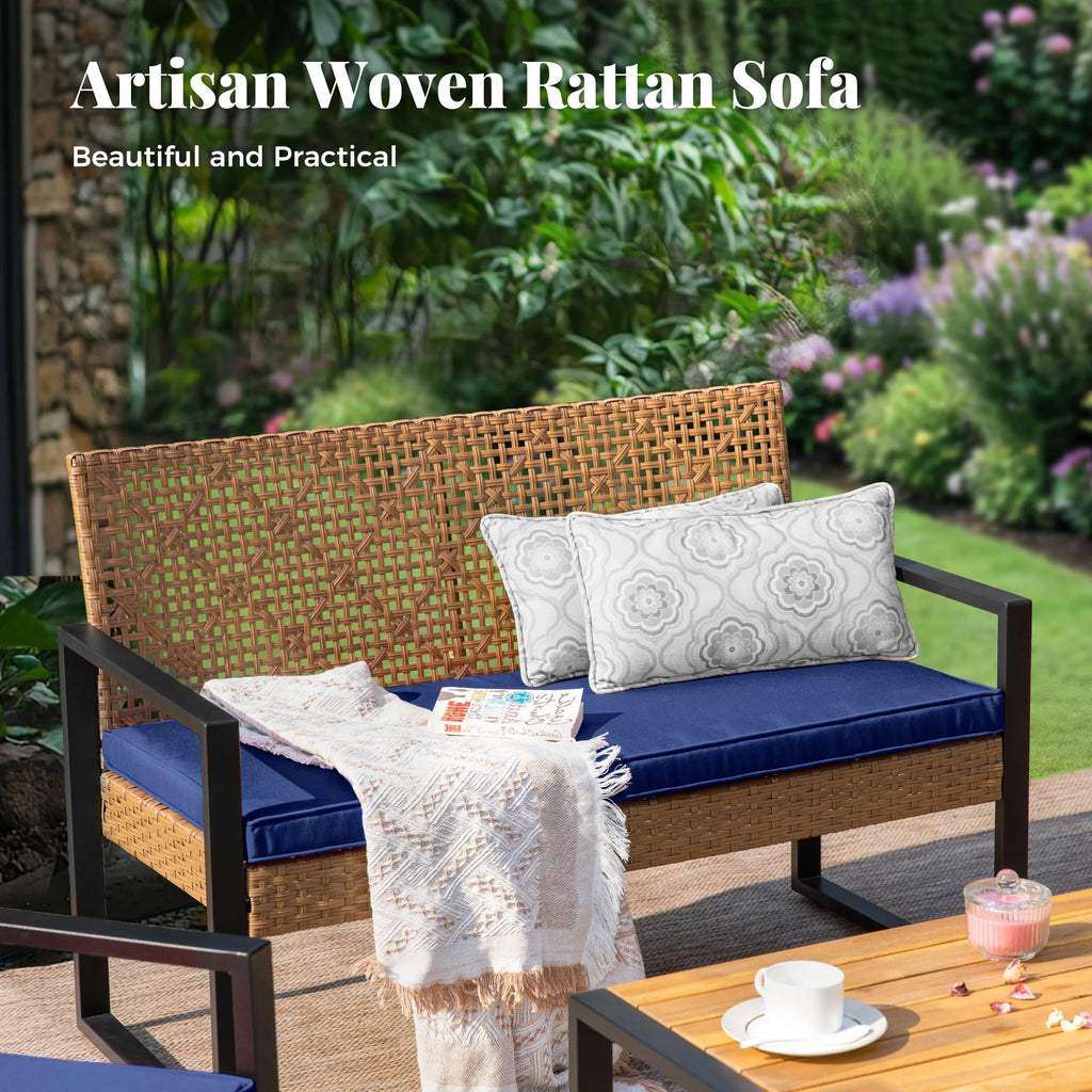 MF Studio 4-Piece All-Weather Rattan Patio Furniture Set, Outdoor Conversation Set with Wood Table, Brown and Beige