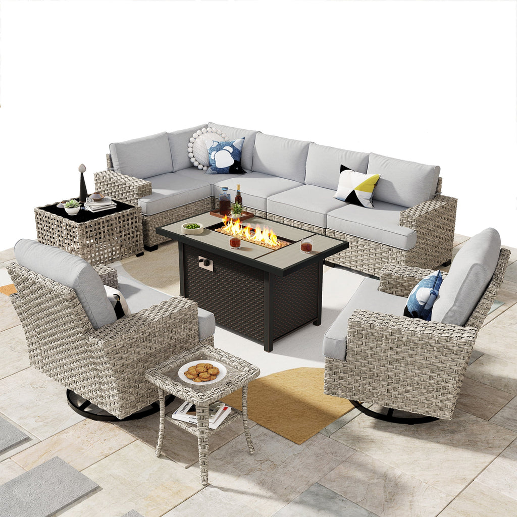 Ovios 10 Pieces Outdoor Patio Furniture Modern High-Back All-Weather Wicker Sectional Conversation Set with Propane Fire Pit Table & Swivel Chair, Dark Gray